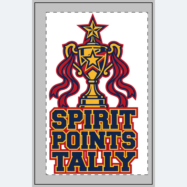 A gold spirit trophy with streaming ribbons, SPIRIT POINTS TALLY, on a white dotted notebook