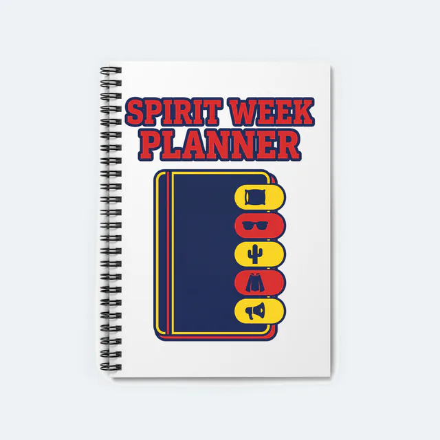 Five theme day icons stacked under SPIRIT WEEK PLANNER, on a white spiral notebook