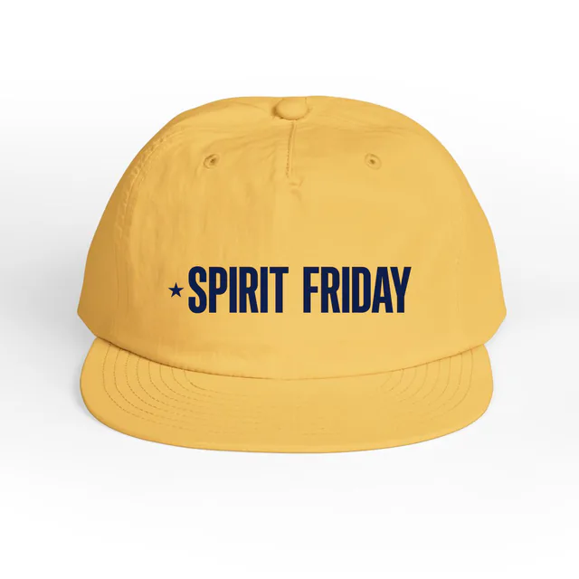 A little star beside SPIRIT FRIDAY, on a sunset surf cap
