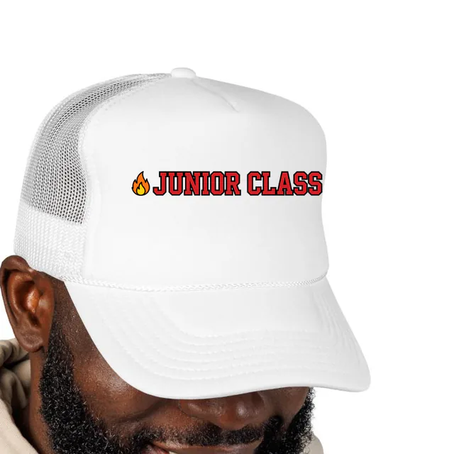 A tiny flame beside JUNIOR CLASS, on a white foam trucker hat