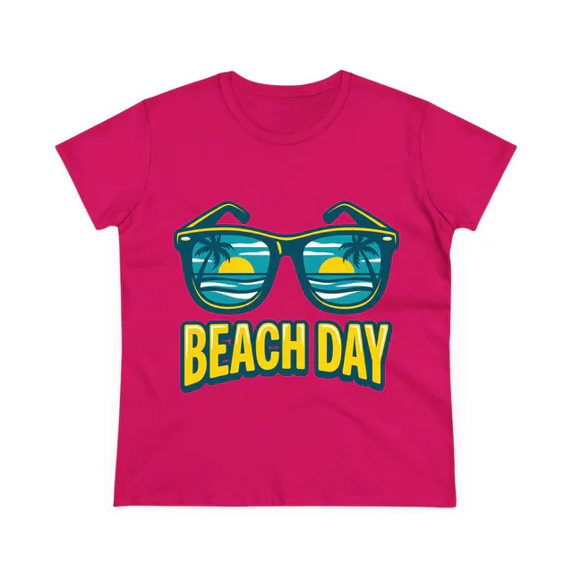Retro sunglasses reflecting palm trees, BEACH DAY, on a heliconia women's t-shirt