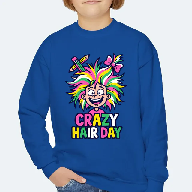 A kid with wild rainbow hair, CRAZY HAIR DAY, on a royal youth crewneck