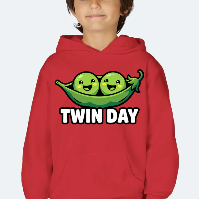 Two smiling peas in a pod, TWIN DAY, on a red youth hoodie