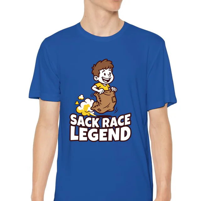 A grinning kid hopping in a sack race, SACK RACE LEGEND, on a royal youth performance tee