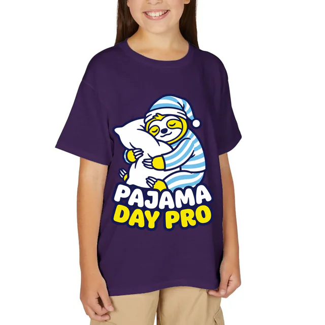 A sleepy sloth in striped pajamas, PAJAMA DAY PRO, on a purple youth t-shirt