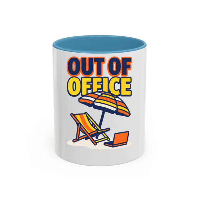 A beach chair and a closed laptop, OUT OF OFFICE, on a light blue accent mug