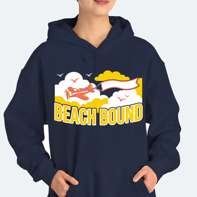 A propeller plane towing a streamer across the sky, BEACH BOUND, on a navy adult hoodie