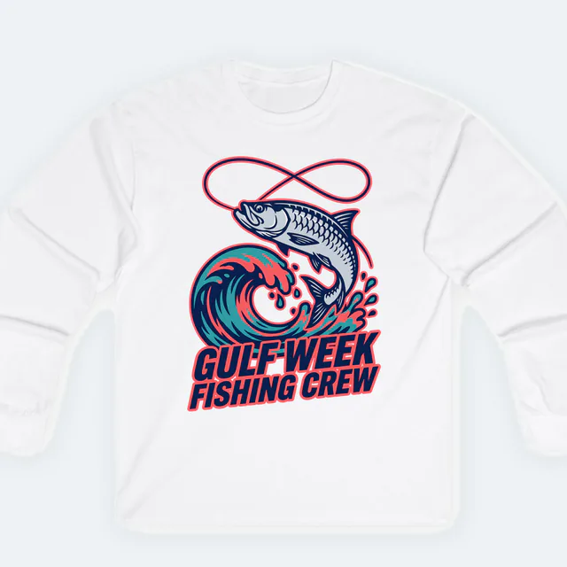 A fish leaping from a curling wave for the Gulf Week fishing crew, on a white adult long sleeve