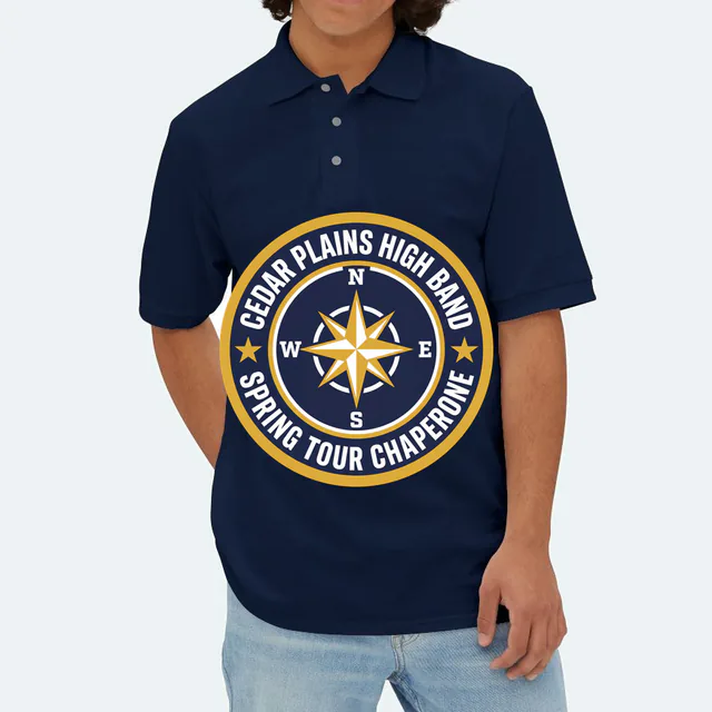 A compass rose emblem for the Cedar Plains band chaperones, on a navy adult polo