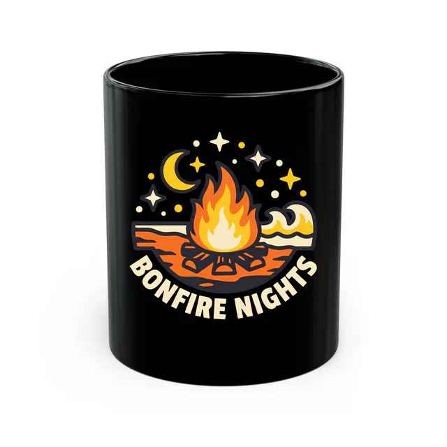 A beach bonfire under the crescent moon, BONFIRE NIGHTS, on a black mug
