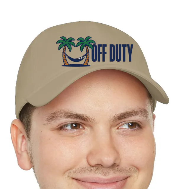 A hammock between two palms beside OFF DUTY, on a khaki dad hat