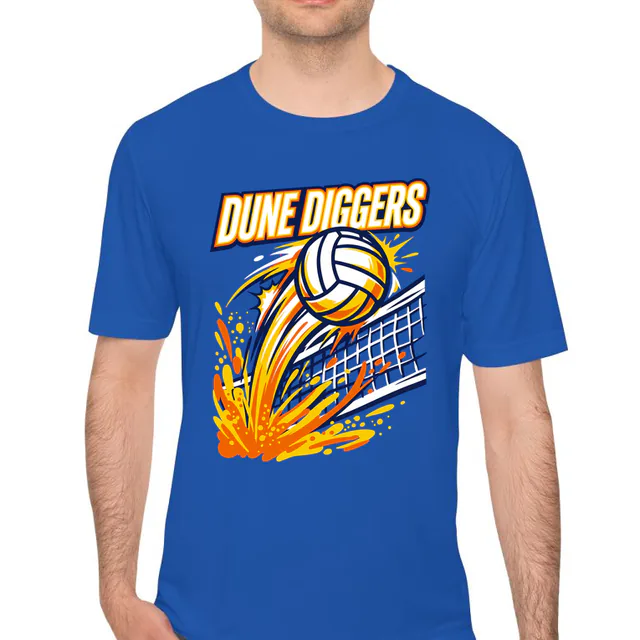A volleyball blasting over the net for the Dune Diggers, on a royal performance tee