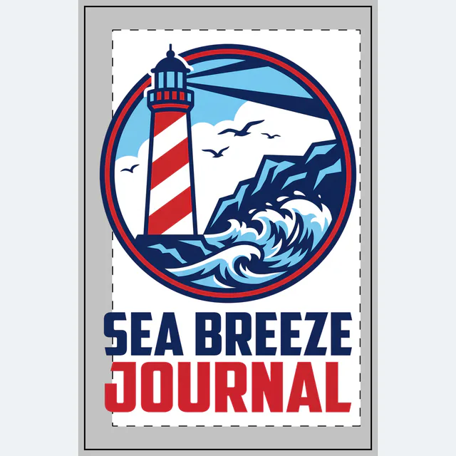 A striped lighthouse on a rocky point, SEA BREEZE JOURNAL, on a white dotted notebook