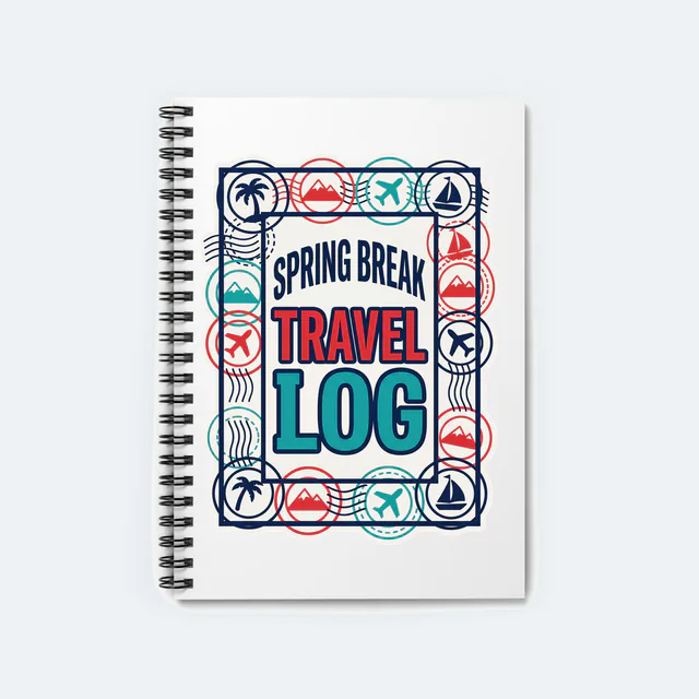 Vintage postmarks around SPRING BREAK TRAVEL LOG, on a white spiral notebook