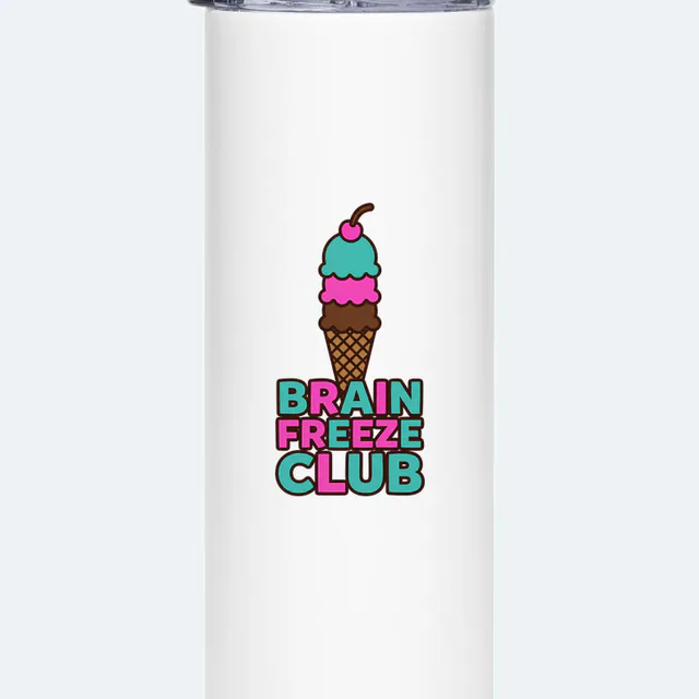 A triple-scoop cone over BRAIN FREEZE CLUB, on a white steel tumbler