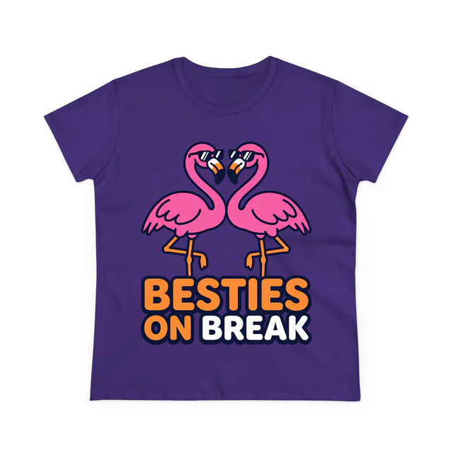 Two flamingos in sunglasses making a heart, BESTIES ON BREAK, on a purple women's t-shirt
