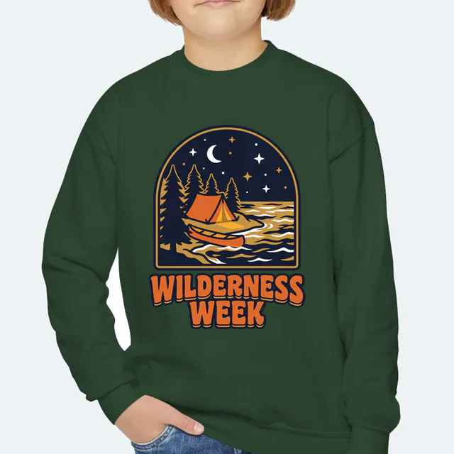 A tent and canoe by a starlit lake, WILDERNESS WEEK, on a forest green youth crewneck