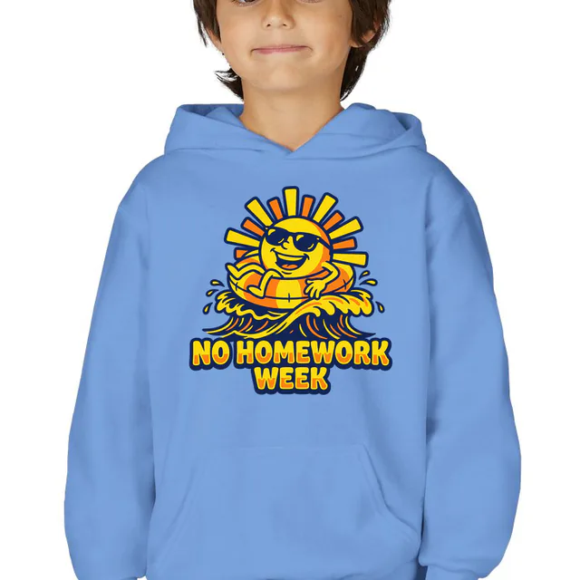 A sun in sunglasses floating on a wave, NO HOMEWORK WEEK, on a carolina blue youth hoodie