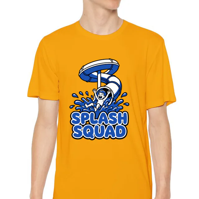 A kid splashing off a twisting water slide, SPLASH SQUAD, on a gold youth performance tee