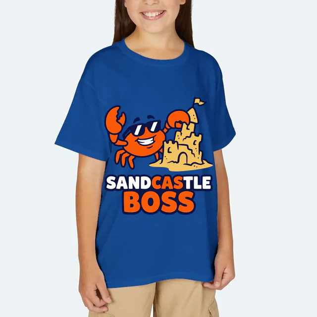 A crab in sunglasses with its sandcastle, SANDCASTLE BOSS, on a royal youth t-shirt