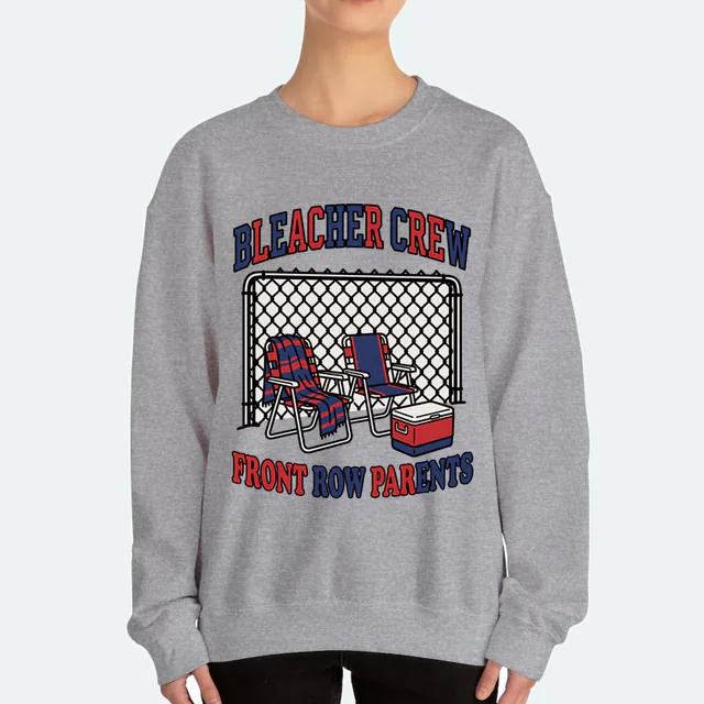 Lawn chairs behind the backstop for the BLEACHER CREW, on a sport gray adult crewneck