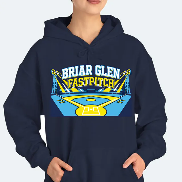 A softball diamond under the lights for Briar Glen Fastpitch, on a navy adult hoodie