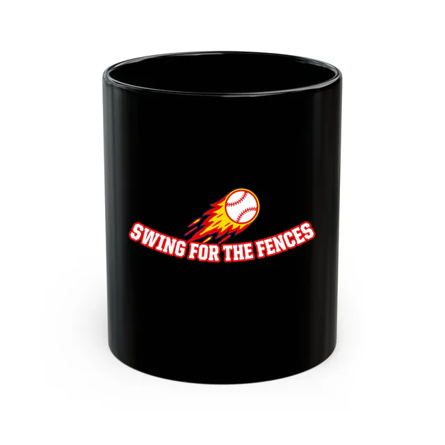 A baseball streaking skyward like a comet, SWING FOR THE FENCES, on a black mug