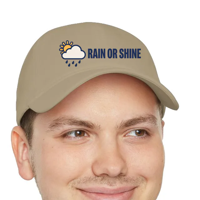 A sun behind a rain cloud beside RAIN OR SHINE, on a khaki dad hat