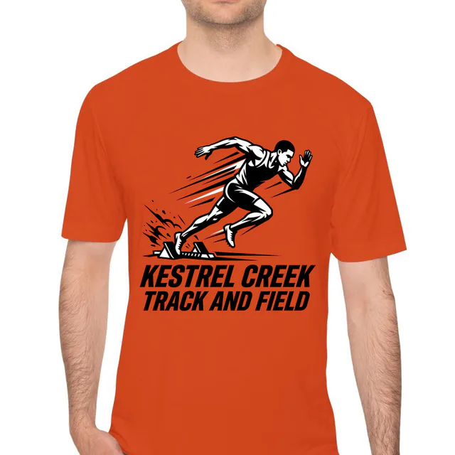 A sprinter bursting from the blocks for Kestrel Creek track, on an orange performance tee