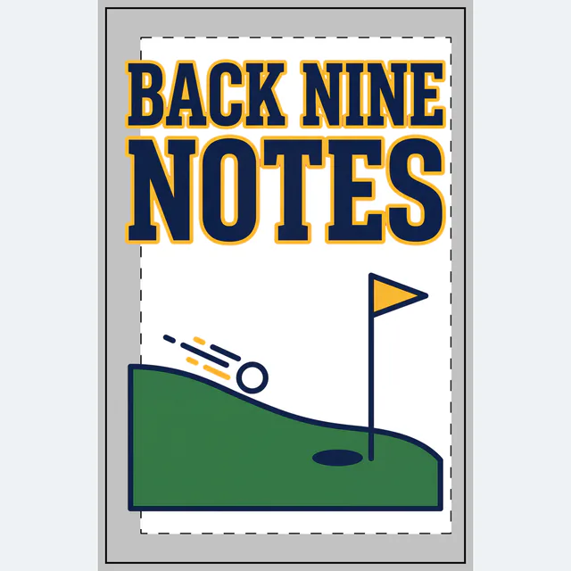 A golf flag and a rolling ball, BACK NINE NOTES, on a white dotted notebook