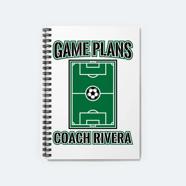 A top-down soccer field with GAME PLANS for Coach Rivera, on a white spiral notebook