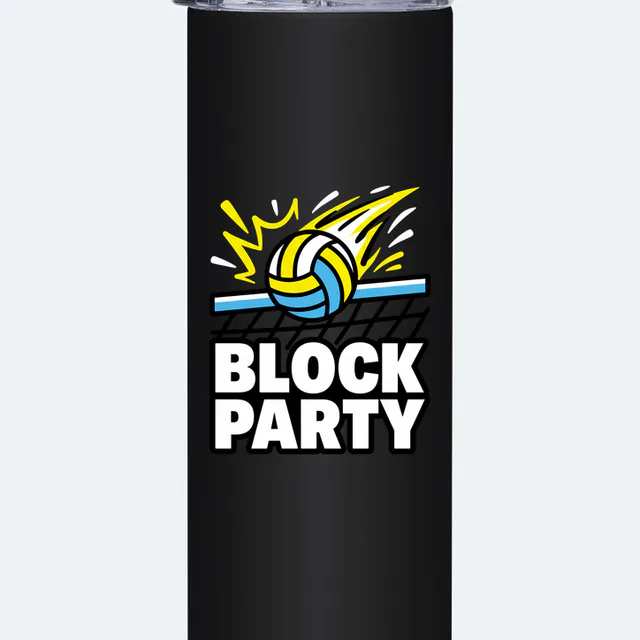A volleyball bursting over the net, BLOCK PARTY, on a black steel tumbler