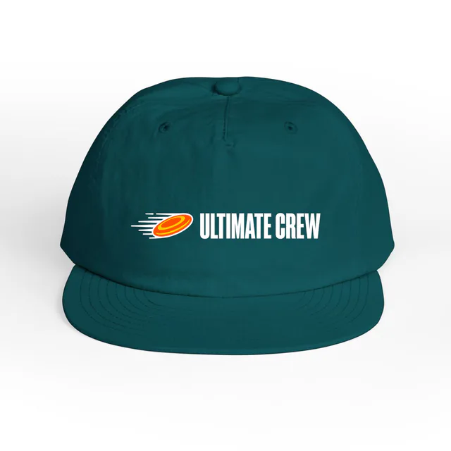 A flying disc beside ULTIMATE CREW, on an atlantic surf cap