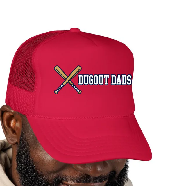 Crossed baseball bats beside DUGOUT DADS, on a red foam trucker hat
