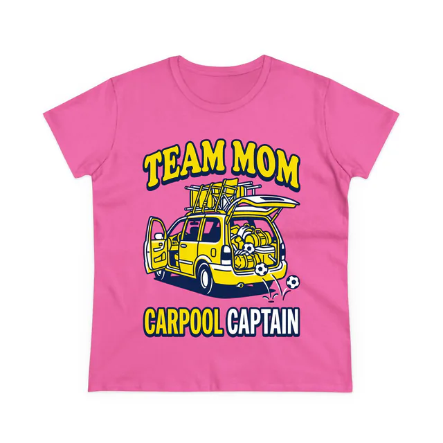 A packed minivan spilling soccer balls, TEAM MOM CARPOOL CAPTAIN, on an azalea women's t-shirt