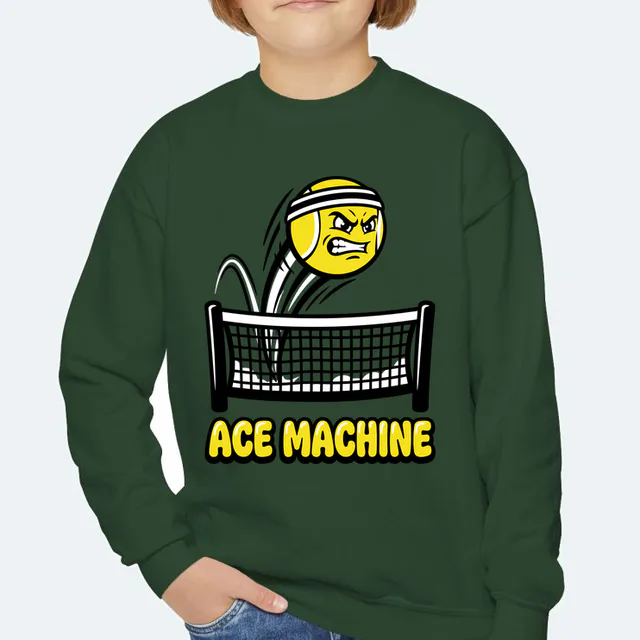 A tennis ball in a sweatband leaping the net, ACE MACHINE, on a forest green youth crewneck