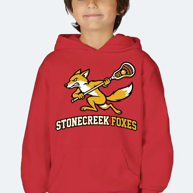 A sprinting fox with a lacrosse stick, STONECREEK FOXES, on a red youth hoodie