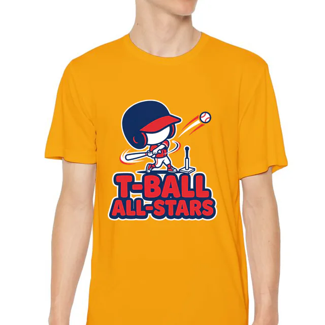 T-BALL ALL-STARS, a tiny batter in a big helmet, on a gold youth performance tee