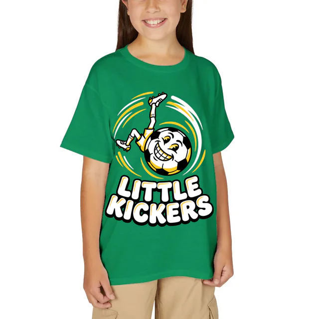 A soccer ball doing a bicycle kick over LITTLE KICKERS, on a kelly green youth t-shirt