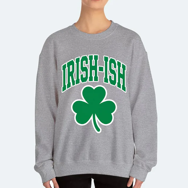 IRISH-ISH in a collegiate arch over a single shamrock, on a sport gray adult crewneck