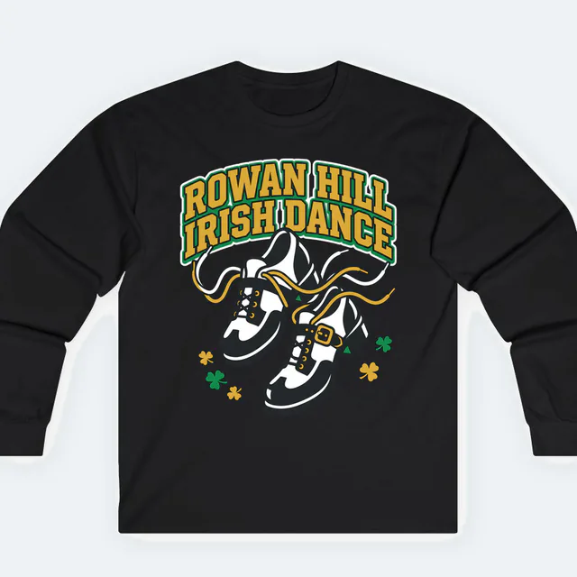 Irish dance shoes mid-kick for Rowan Hill Irish Dance, on a black adult long sleeve