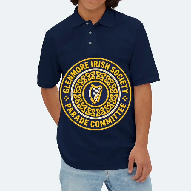 A harp emblem for the Glenmore Irish Society parade committee, on a navy adult polo
