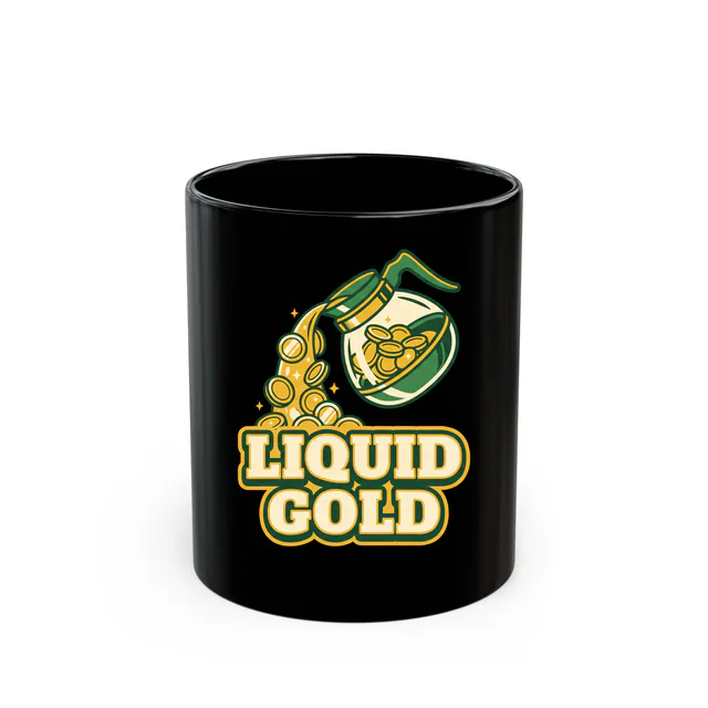 A coffee pot pouring gold coins, LIQUID GOLD, on a black mug