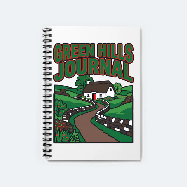 A thatched cottage among green hills, GREEN HILLS JOURNAL, on a white spiral notebook