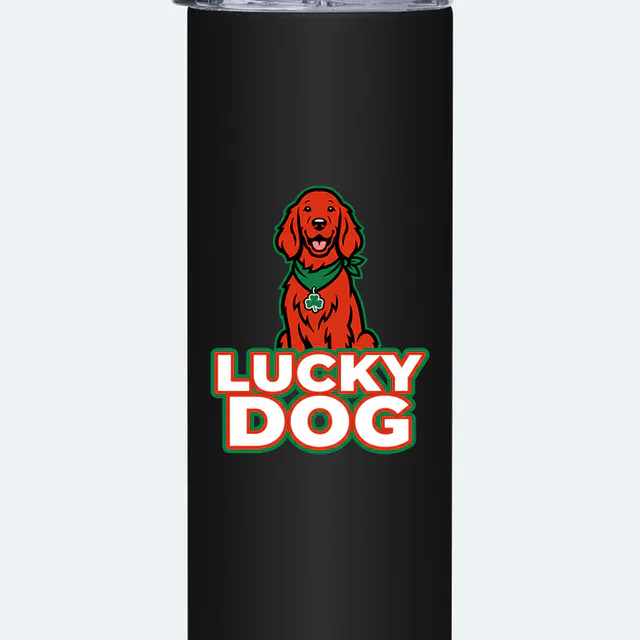A setter in a shamrock bandana, LUCKY DOG, on a black steel tumbler