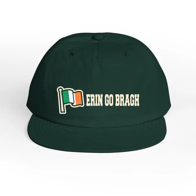A waving tricolor beside ERIN GO BRAGH, on a pine green surf cap