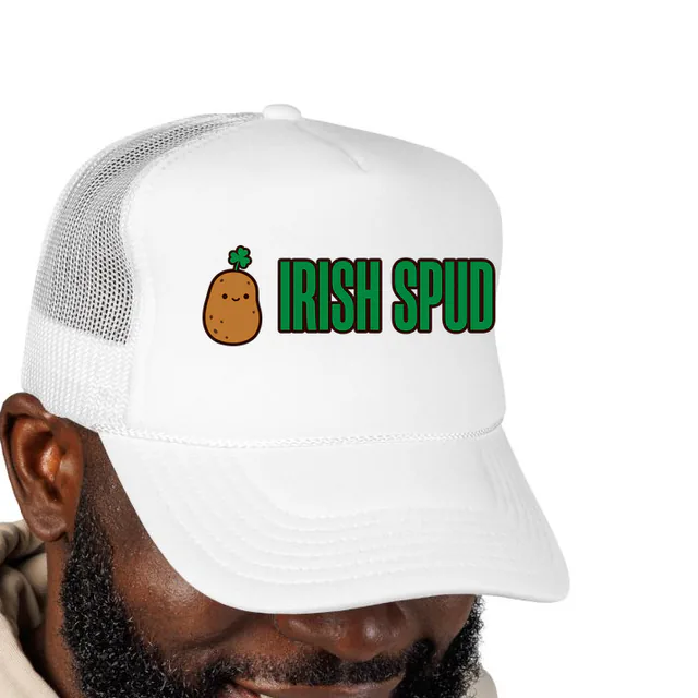 A potato sprouting a shamrock beside IRISH SPUD, on a white foam trucker hat