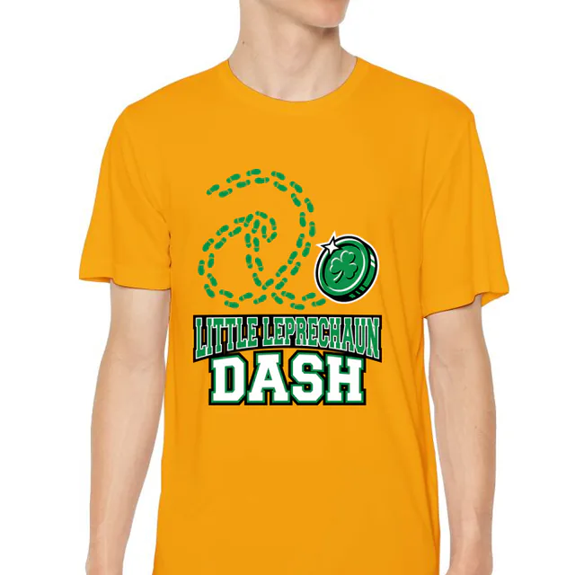 Looping leprechaun footprints for the Little Leprechaun Dash, on a gold youth performance tee