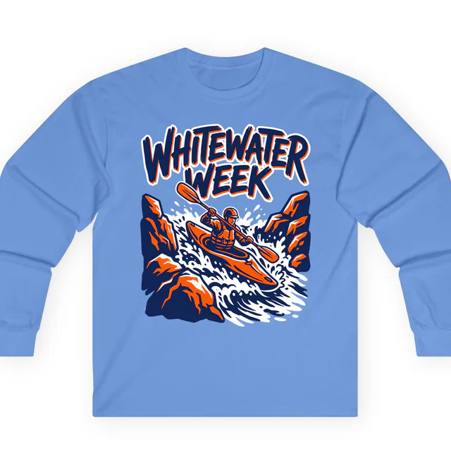 A kayak in the rapids, WHITEWATER WEEK, on a carolina blue adult long sleeve