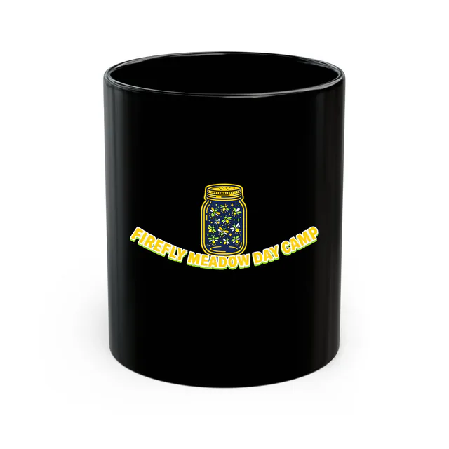A jar of fireflies for Firefly Meadow Day Camp, on a black mug
